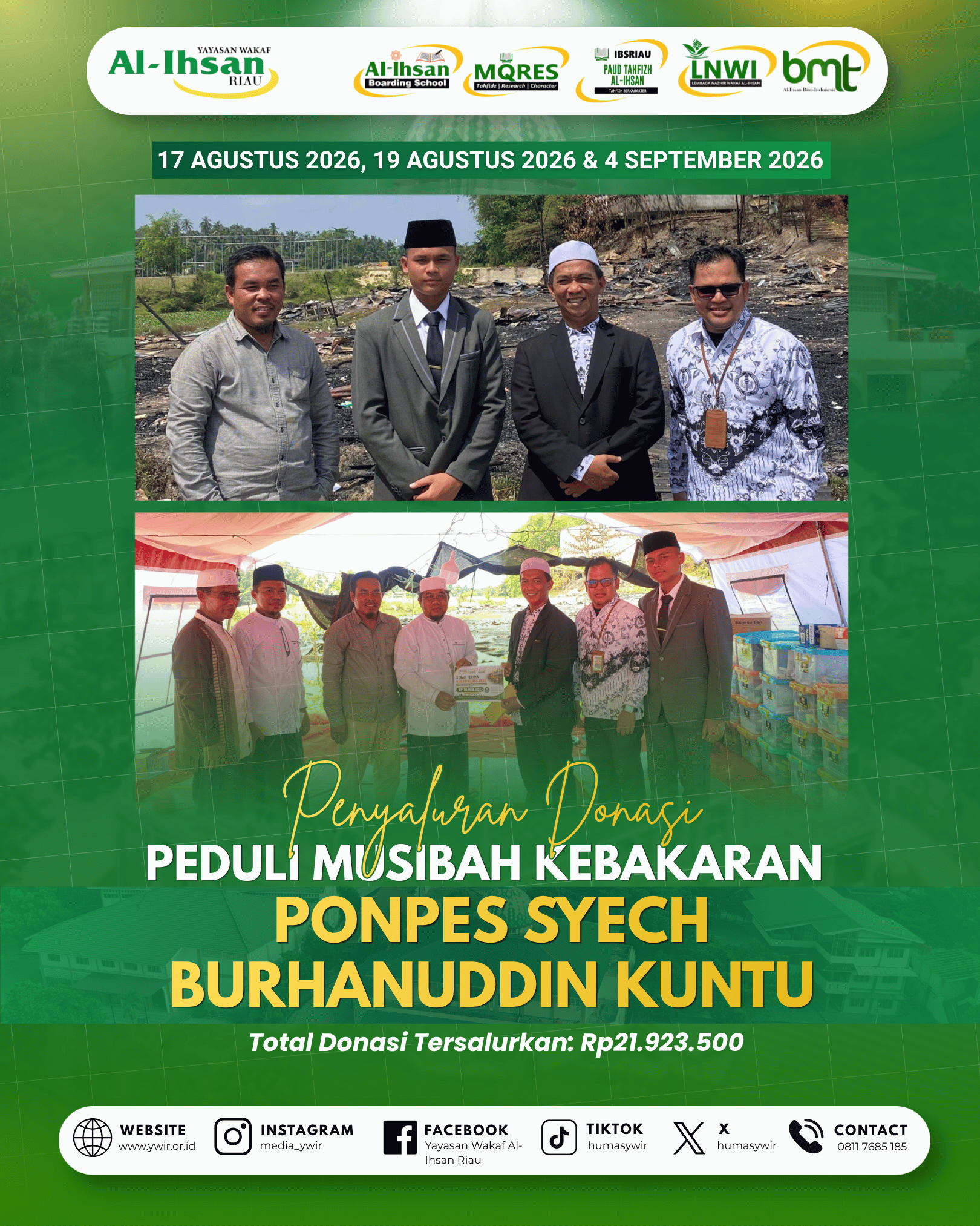 Al-Ihsan Boarding School Riau Salurkan Donasi Rp21,9 Juta untuk Pemulihan Ponpes Syech Burhanuddin Kuntu